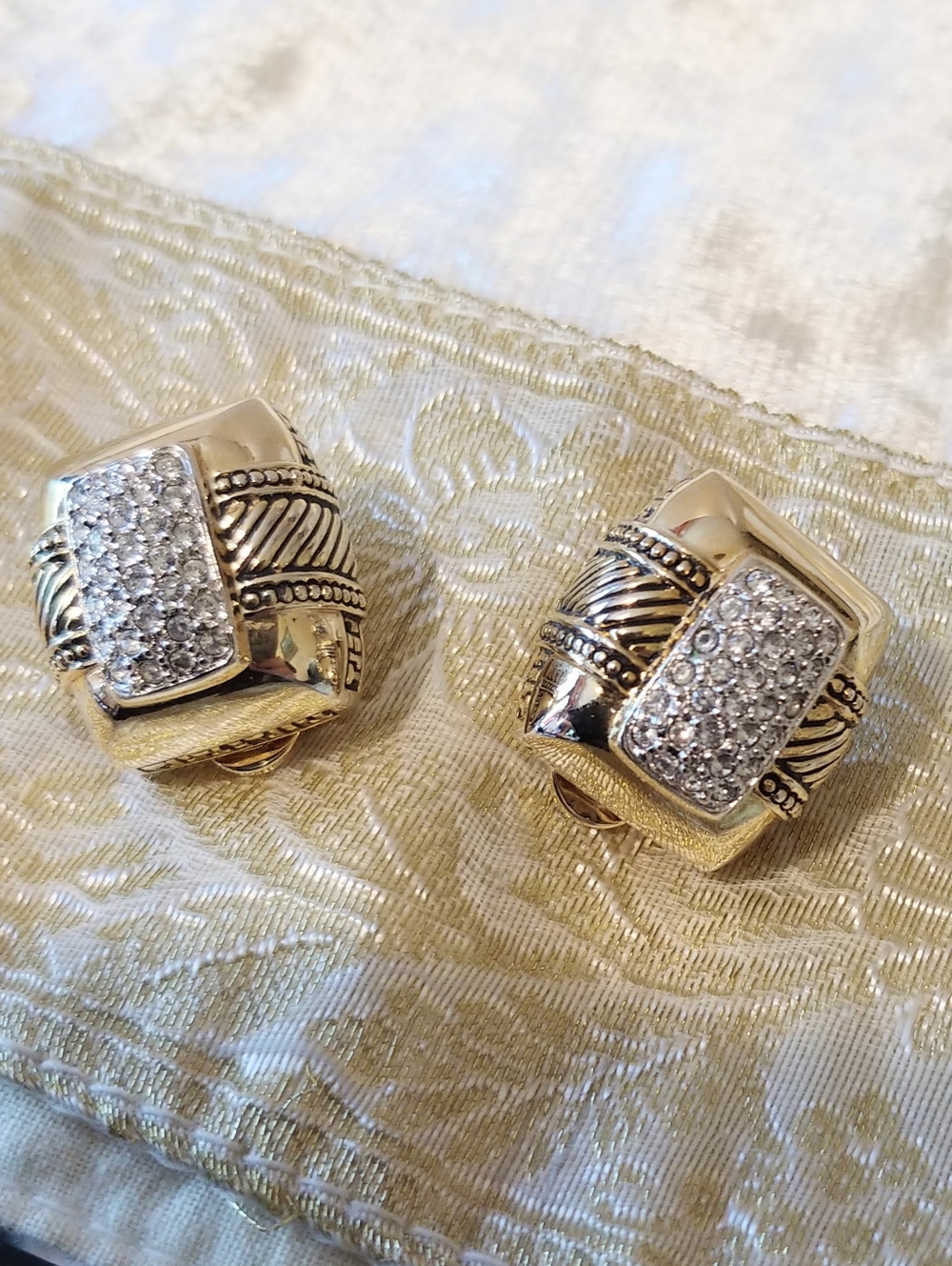 Y2K "TJ" John Madeiros Byzantium Revival Pave CZ Hand Tooled Bold Clip Earrings